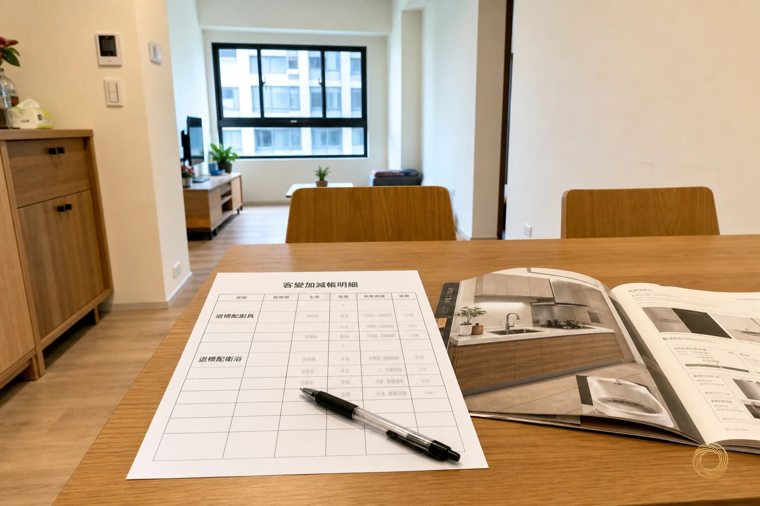 加減帳明細與廚具退料清單並排，說明退料不退工的計算邏輯