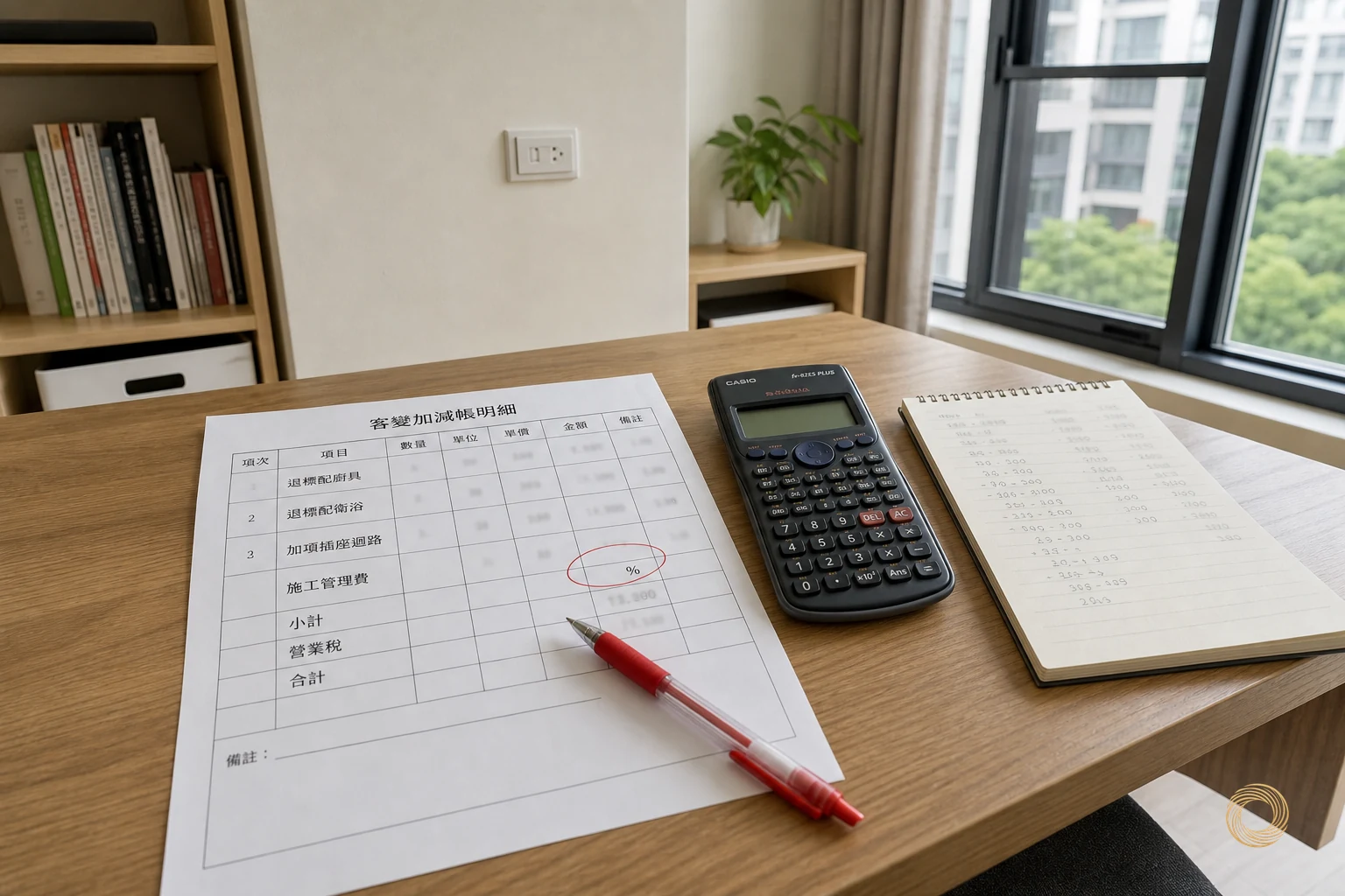 書桌上的加減帳明細、計算機與筆記本，管理費百分比以紅筆圈出