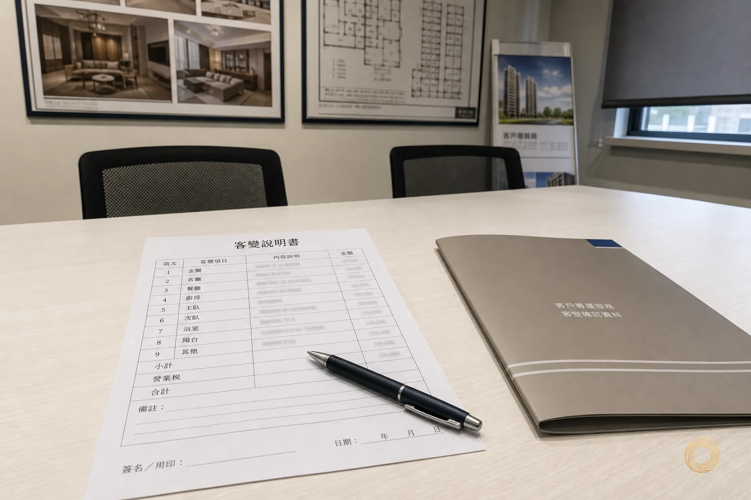 建商銷售辦公室桌面，客變說明書與客戶確認資料夾並排，簽名欄清晰可見