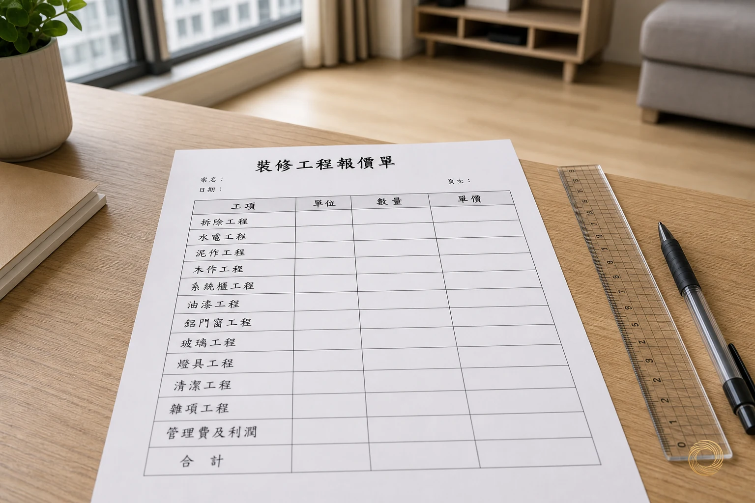 同一筆報價拆成工項、單位、數量、單價四個欄位的明細版估價單
