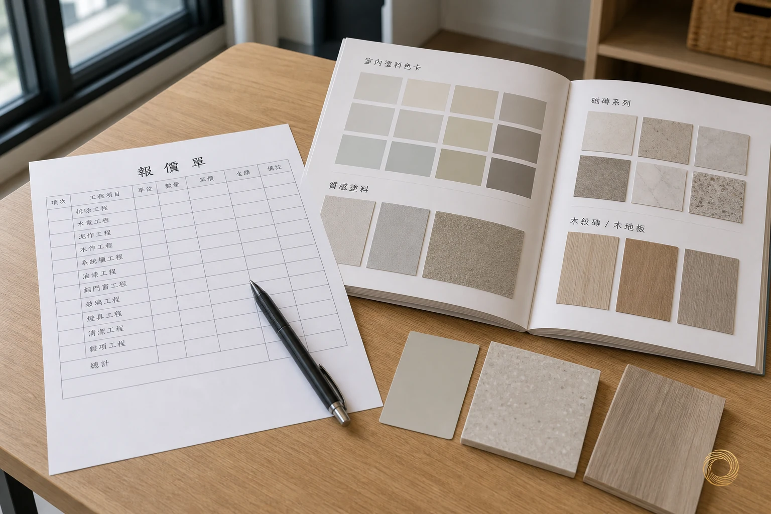 材料型錄與估價單並排，逐項對照品牌與型號標示