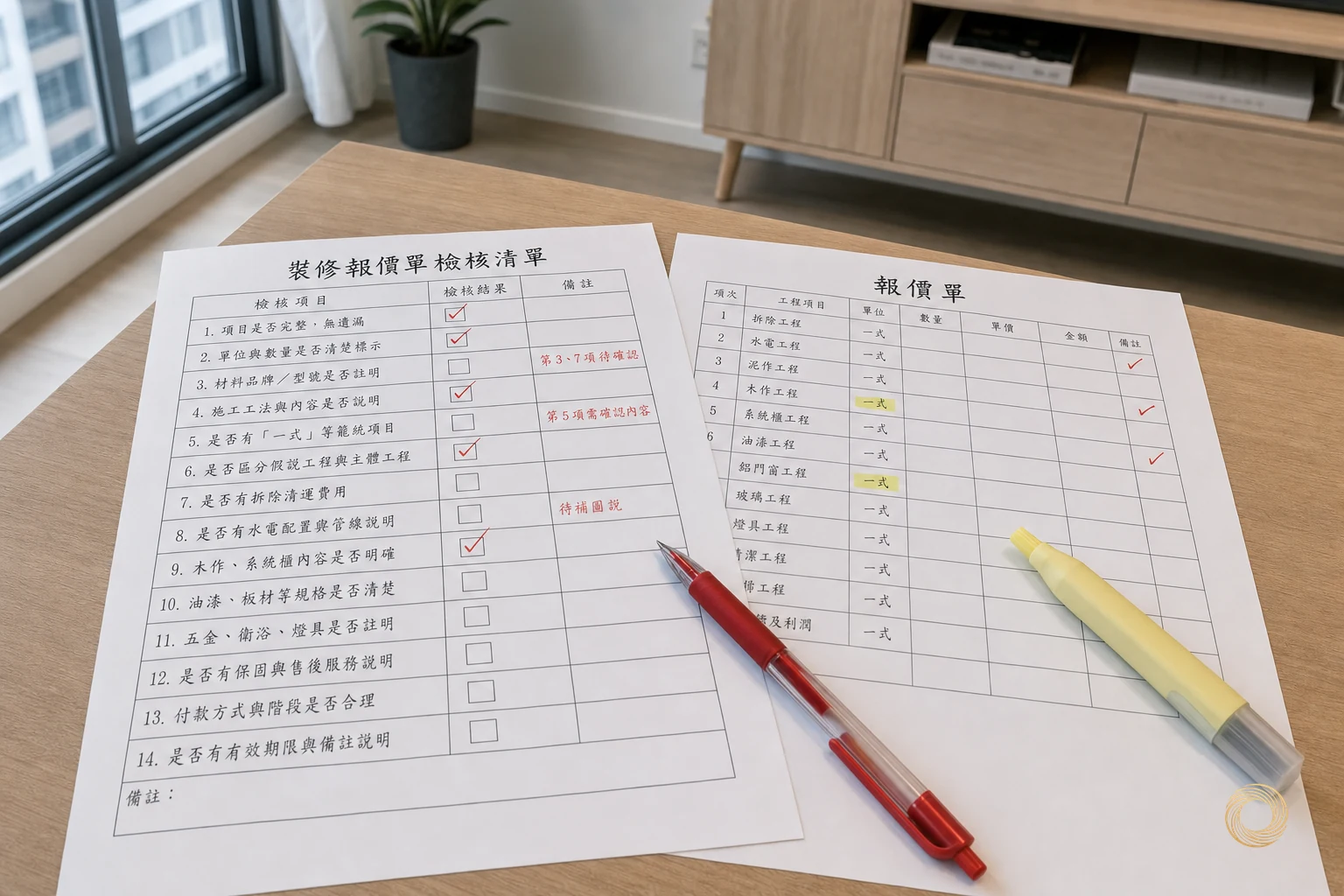 屋主拿著核對清單對照估價單逐項打勾