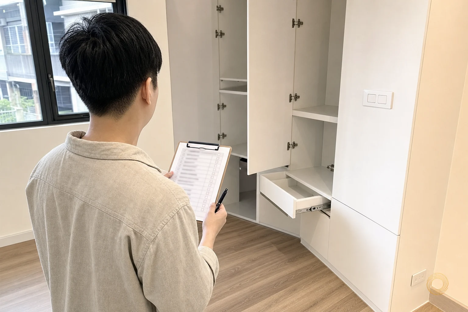 屋主手持列印的驗收清單與筆，在完工現場逐項核對櫃體與門片